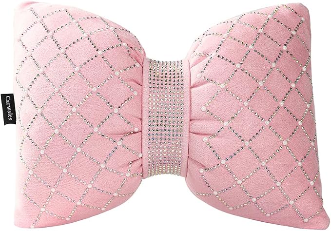 Carwales Car Headrest Pillow Pink Sparkly Bling Rhinestone Accessories for Women Bow Seat Neck Support Pillow for Travel Driver Chair Head Rest 2pcs