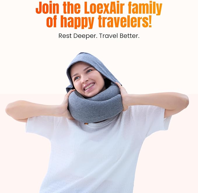 LOEXAIR⢠Hooded Pro Travel Pillow - Memory Foam Neck Support Pillow for Airplane, Flight - Super-Soft Pure Cotton Fabric, Maximum Privacy & Light-Block Design, Lightweight Full Travel Kit - Light Grey