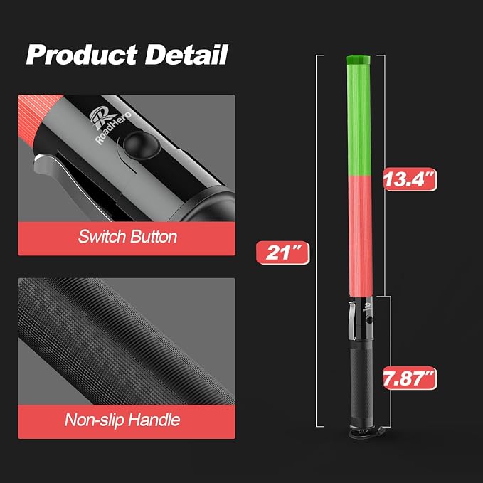 RoadHero 1 Pack 21 Inch Traffic Wands, Red and Green Led Traffic Control Baton, Safety Light Wand with 3 Flashing Modes, Air Marshaling Signal Wand with Side Clip for Airport, Parking, Car Directing