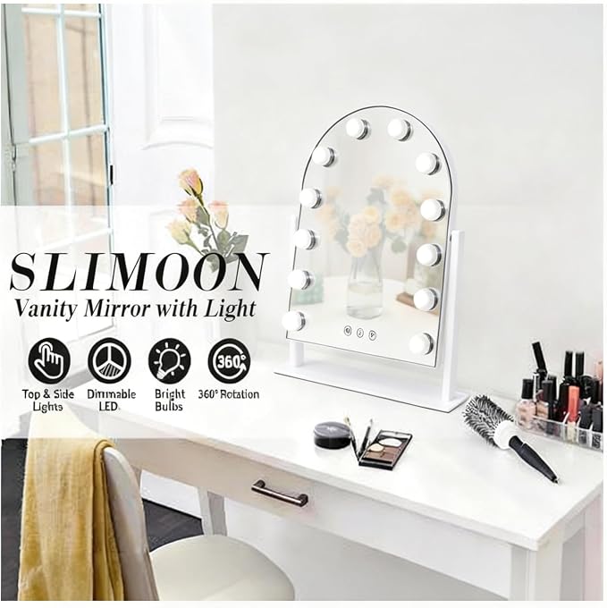 Arched Makeup Vanity Mirror with LED Lights Makeup Mirror Detachable 10X Magnification, Hollywood Make Up Mirror with Lighting, Smart Touch, Rechargeable,360° Rotation, White 18.5"x 14.17"