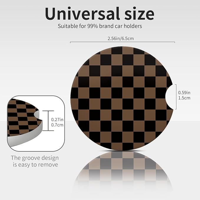 Khaki Checkered Car Coasters for Cup Holder Absorbent Ceramic Cup Coaster 2 Pack Anti Slip Car Interior Accessories with Finger Notch Cork Base for Women Men 2.56"