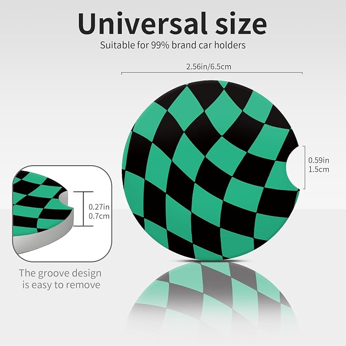 Black Green Checkerd Car Coasters for Cup Holder Absorbent Ceramic Cup Coaster 2 Pack Anti Slip Car Interior Accessories with Finger Notch Cork Base for Women Men 2.56"