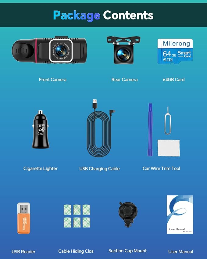 Dash Cam Front and Rear Inside 3 Channel, 1080P Dashcam with 64GB Card | Dash Camera for Cars with 24H Parking Monitor, Super Night Vision, Loop Recording, G-Sensor, WDR, 2.3" Screen for Taxi