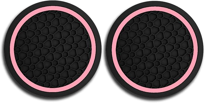Car Cup Holder Coasters, Dustproof Automotive Interior Accessories Mat,2.75 Inch Non-Slip Insert Water Bottle Holder Pads, Universal for Vehicles, Trucks, RVs and More (Black/Pink, 2PCS)