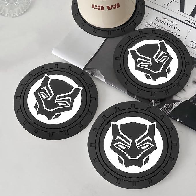 2Pcs Car Cup Holder Coasters for Black Panther Marvel Fans, Silicone Non-Slip Drink Mats, Cup Mats for Car Interior Accessories, Universal Anti-Spill Coaster Insert