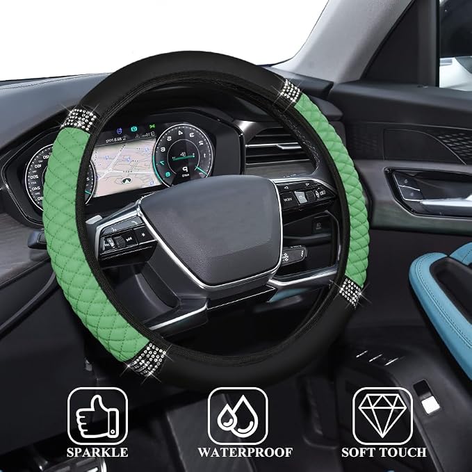 Bling Soft Leather Steering Wheel Cover, 15 Inch Colorful Rhinestones Auto Elastic Steering Wheel Protector for Women Girls, Car Accessories Anti Slip Steering Wheel Cover for Cars, SUVs (Green)