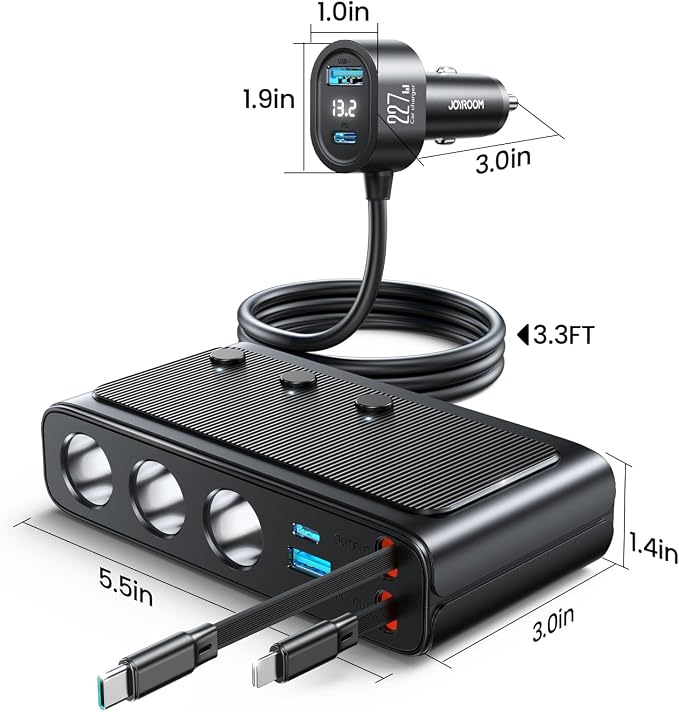227W 9 in 1 Cigarette Lighter Splitter, PD36W *2 & QC3.0 Fast Car Charger | Retractable USB C Fast Charger, 12V/24V Car Charger, 31.5IN Retractable Cords & 39.6IN Extension Cord, LED Voltage Display