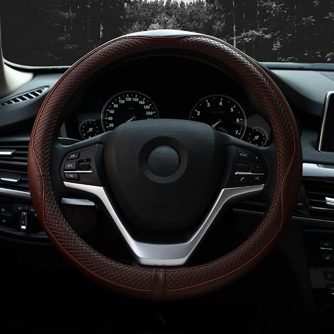 Valleycomfy Steering Wheel Covers Universal 15 inch - Genuine Leather, Breathable, Anti Slip & Odor Free (Coffee, M(14" 1/2-15" 1/4))