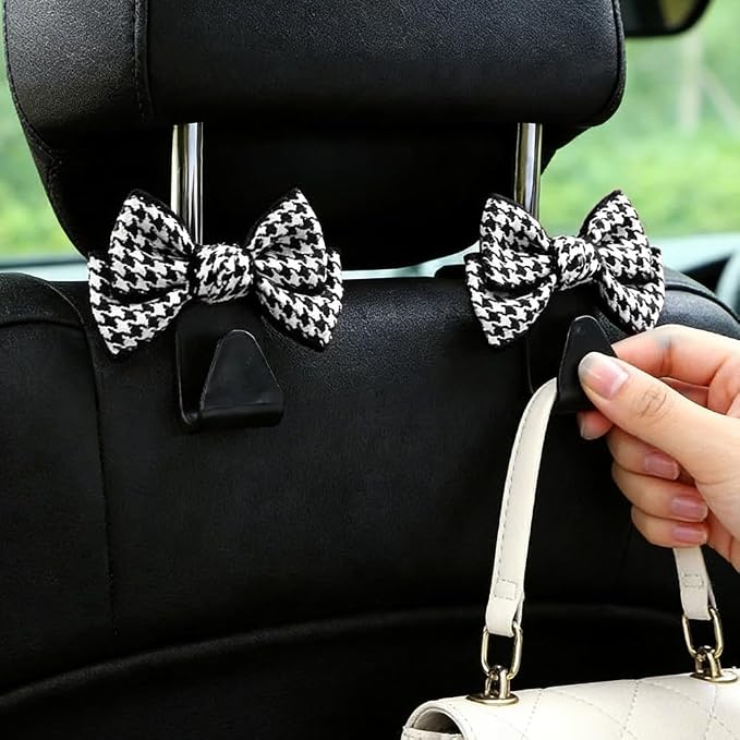 2PCS Car Seat Headrest Hooks, Car Purse Hook, Cute Bow Knot Vehicle Seatback Hanging Storage Organizer, Auto Seatback Decor Organizer Hanger for SUV Truck (Small Houndstooth/Black)