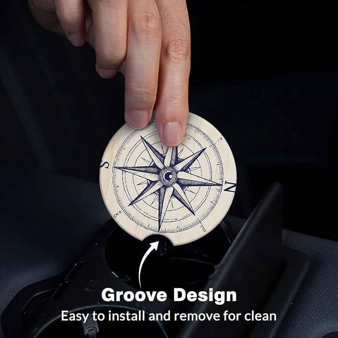 Compass Wind Rose 2 Pack Car Cup Holder Coaster Anti Slip Insert Absorbent Ceramic Car Coaster with Cork Base and Finger Notch Cute Car Accessories Interior for Women Men