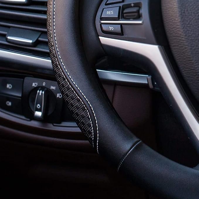 Valleycomfy Leather Steering Wheel Covers Universal 15.75 inch -Breathable, Anti Slip & Odor Free (Black with White Lines,L(15" 1/2-16"))