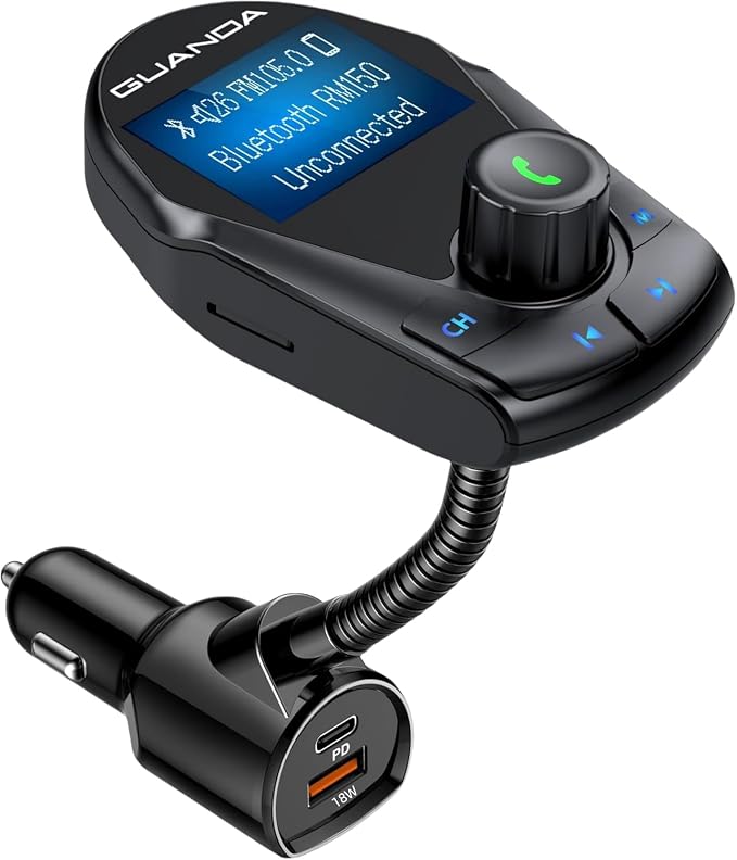 FM Transmitter Bluetooth 5.3 for Car, Bluetooth Radio Adapter Transmitter for Car (Fast Charge 18W + PD Black 1.44")