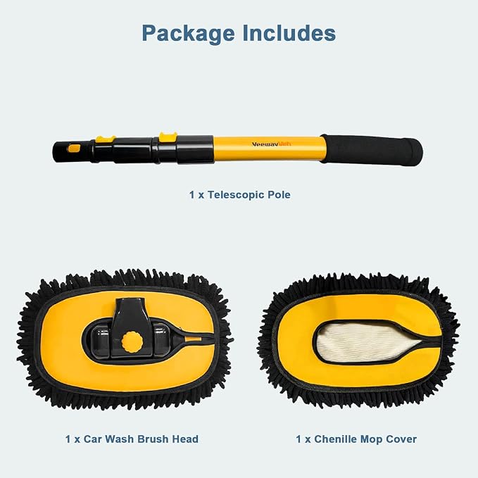 YeewayVeh Car Wash Brush with Long Handle, Microfiber Car Wash Mop with Replaceable Chenille Brush Head, Soft Cleaning Brush with 15° Curved Extension Pole Car Wash Kit for RV Truck Camper, Yellow | Extra Replaceable Chenille Head, 15° Curved Extension...