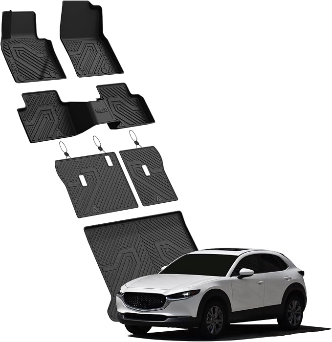 LASFIT Floor Mats & Trunk Mat & Backrest Mat for Mazda CX30 2020-2026 All Weather TPE Custom Fit 2026 2025 2024 2023 2022 2021 2020 1st & 2nd Row Floor Liners Car Mats Accessories, Black