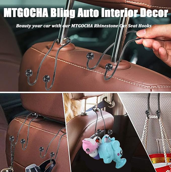 Bling Purse Hook for Car Headrest, Upgraded Cute Car Seat Hooks for Bag Handbag, Durable Stainless Auto Purse Hanger Holder 2 Pack, All Black