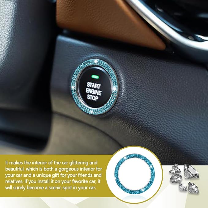 Crystal Rhinestone Engine Start Decals, Push to Start Button Cover, Key Ignition Knob Bling Ring, Bling Car Accessories for Women