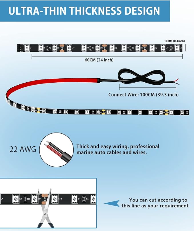 Keiurot 12V Led Light Strip 24" Connectable Ice Blue Led Strip Lights for Cars Golf Cart Motorcycle Boat Trucks Waterproof Led Strip Lights, 4Pack