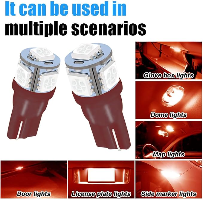 smilfuy 2PCS T10 194 LED Bulbs Tag Lights for License Plate, 6000K Red | Wedge 168 T10 2825 5SMD 5050 Chips LED Bulb, 12V Bulb Replacement for Car Interior Dome Map Door Courtesy License Plate Light