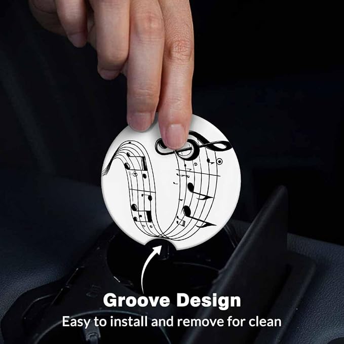 Music Notes Car Cup Holder Coaster 2 Pack Absorbent Ceramic Car Coasters for Cup Holders Car Accessories Interior for Women Men Universal Anti Slip Cork Base Cup Coasters with Finger Notch
