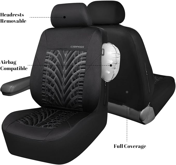 CAR PASS Neoprene Waterproof Seat Covers,Wetsuit Car Seat Covers Front Seats Universal Fit for Vans, Truck, SUV Two Front Only, 3D Tyre Embossed Anti Slip with Armrests, Airbag Compatible(Black)