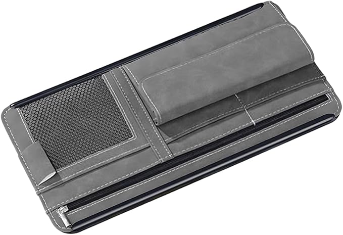 Car Sun Visor Organizer, Multi-Pocket Vehicle Sun Visor Storage Pouch with Sunglasses Box, Auto Interior Sunshade Eyeglasses Card Holder Organizers, Universal for SUV Sedan Truck (Gray)