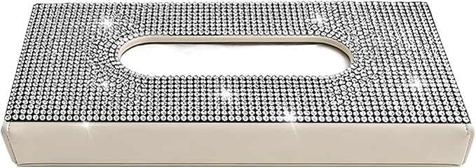 Bling Car Visor Tissue Holder, Shiny Rhinestone Leather Sun Visor Napkin Mask Case Holder Clip, Diamond AUT Paper Tissue Towel Box Dispenser, Universal Fit (White/Beige)