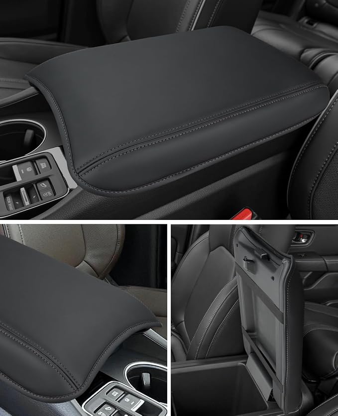 INTGET Center Console Cover for Honda Pilot Accessories 2023 2024 2025 2026,Ridgeline/Passport 2024-2026 Leather Car Armrest Arm Rest Box Lid Middle Seat Protector (Black Stitches with pad, 2023+)