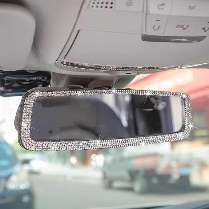 Osilly Bling Car Rearview Mirror, Decorations Rear View Mirror with Crystal Rhinestones & Diamonds, Car Interior Trim Accessories, Clip-on & HD Glass, Sparkly Gift for Mother Women Girls (Silver)