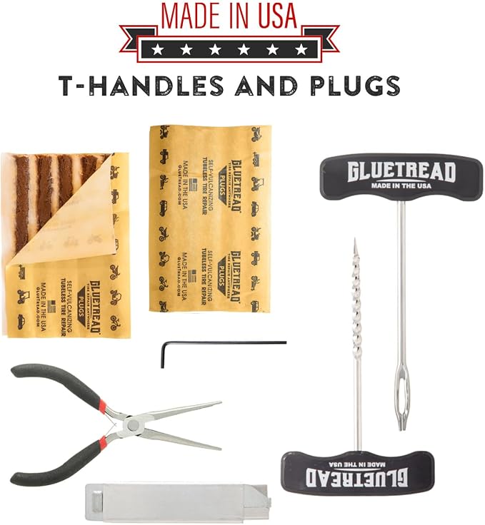 GlueTread On Road Heavy Duty Tire Plug Kit - Tire Repair Kit with Plugs - Made in USA CNC-Machined T-Handles, 10 Plugs, Pliers and Razor Blade - Flat Fix for Car, Truck and Motorcycle Tires