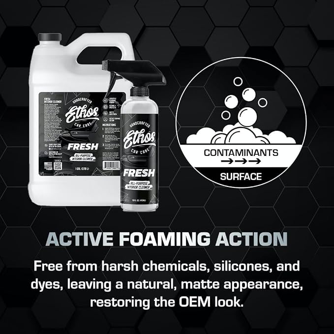 Ethos FRESH - All Purpose Interior Cleaner Car Detailing Kit, Detailing Spray - Car Interior Detailing - Interior Cleaner for Cars, Trucks, SUVs, Jeeps, Motorcycles, RVs & More (16oz FRESH & Scrubber)