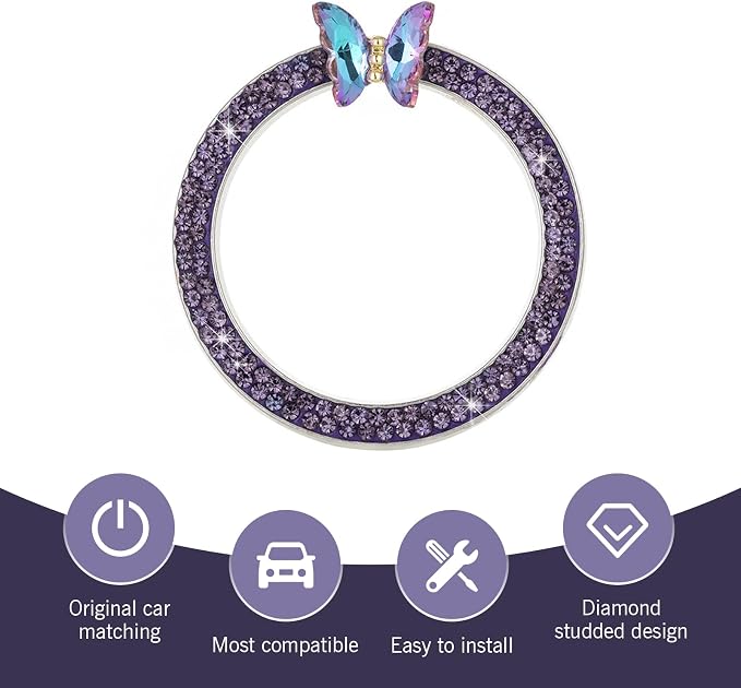 Bling Car Engine Start Stop Decoration Ring, Crystal Rhinestone Butterfly for Car Button Ring, Auto Interior Accessories for Women, Push to Start Button Cover Decoration (Purple)