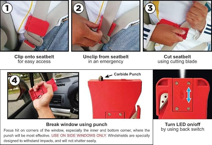 General Tools 3-in-1 Car Emergency Escape Tool #7904-BL-Q Clips to the Seatbelt for Quick Access in an Emergency - Window Glass Breaker, Safety Hammer, Seatbelt Cutter, LED Light, 3 Pack, Blue
