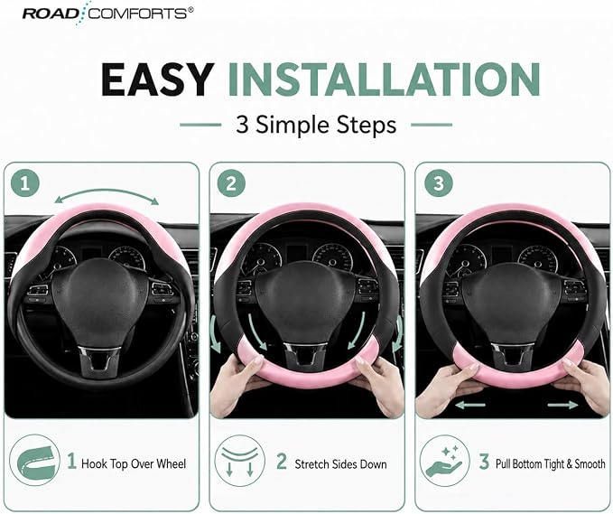 Road Comforts Steering Wheel Cover – Breathable Leather Steering Wheel Cover, Anti-Slip Grip, Universal Fit 14.5” to 15”, Heat & Cold Resistant for Cars, SUVs, and Trucks – Shining Pink & Pink