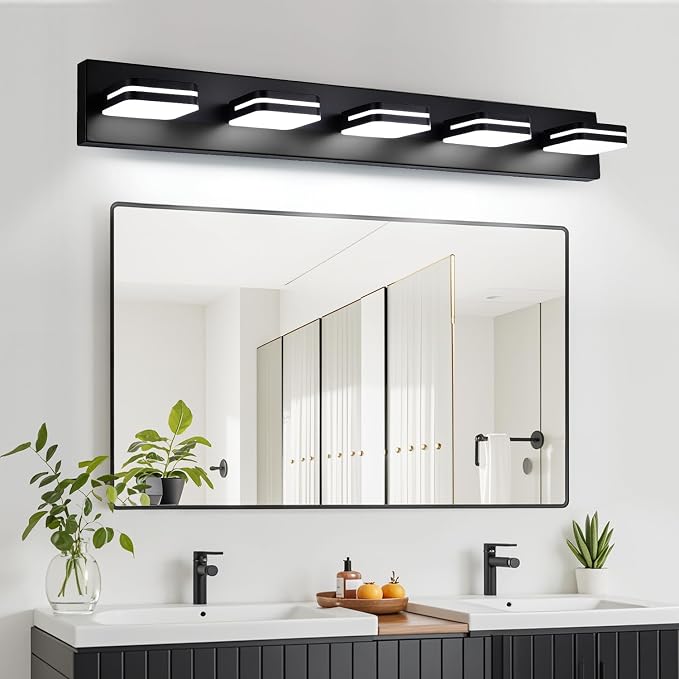 Torondo 360° Rotate LED Bathroom Vanity Light Fixtures, Acrylic Vanity Lights for Bathroom, Modern Wall Lighting Fixtures Over Mirror Living, Matte Black, Natural White, 5-Light, 34-Inch
