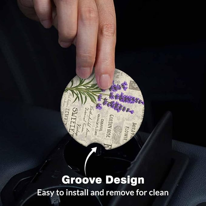 Lavender 2 Pack Car Cup Holder Coaster Anti Slip Insert Absorbent Ceramic Car Coaster with Cork Base and Finger Notch Cute Car Accessories Interior for Women Men