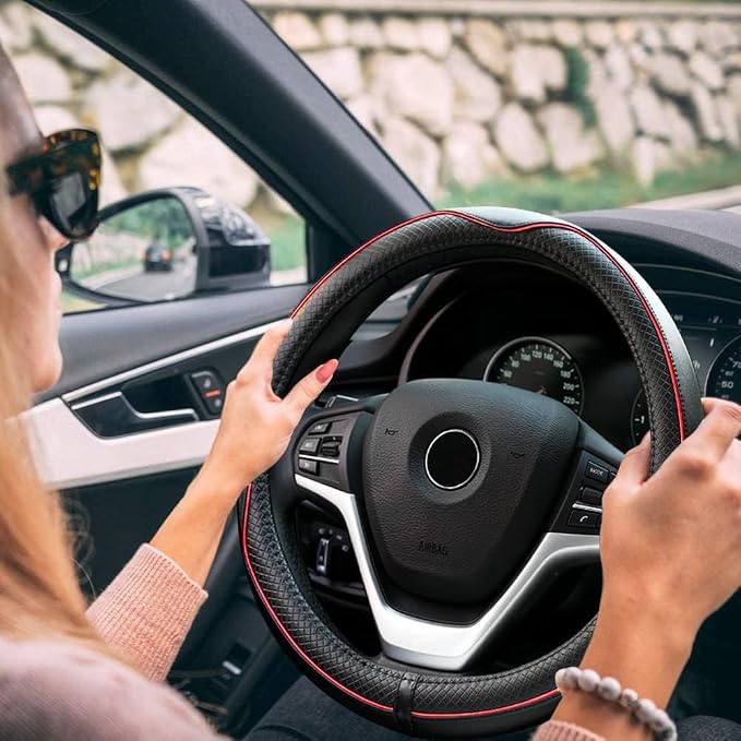 Microfiber Leather Car Steering Wheel Cover, Soft Padding, Durable, No Smell, Universal 15 Inch Steering Cover, Anti-Slip Embossing Pattern A, Black with Red Line
