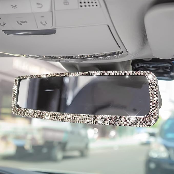 Bling Car Rear View Mirror, Rhinestones Crystal Clip-on Rearview Mirror with HD Glass, Compatible with Most Cars, SUVs, Vehicles, Auto Interior Accessories for Women Girl (Pink)