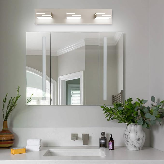 LED Modern Bathroom Vanity Light Fixtures, Dimmable Brushed Nickel Vanity Lights for Bathroom Lighting Fixtures Over Mirror, with 360° Rotatable Acrylic Heads 3-Light 22-inch (Cool White 6000K)