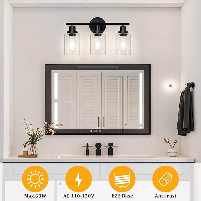 Unicozin Modern Bathroom Light Fixtures, 3 Light Vanity Lights with E26 Bulbs, Black Wall Lamp with Clear Glass for Mirror Living Room Hallway Cabinet Porch