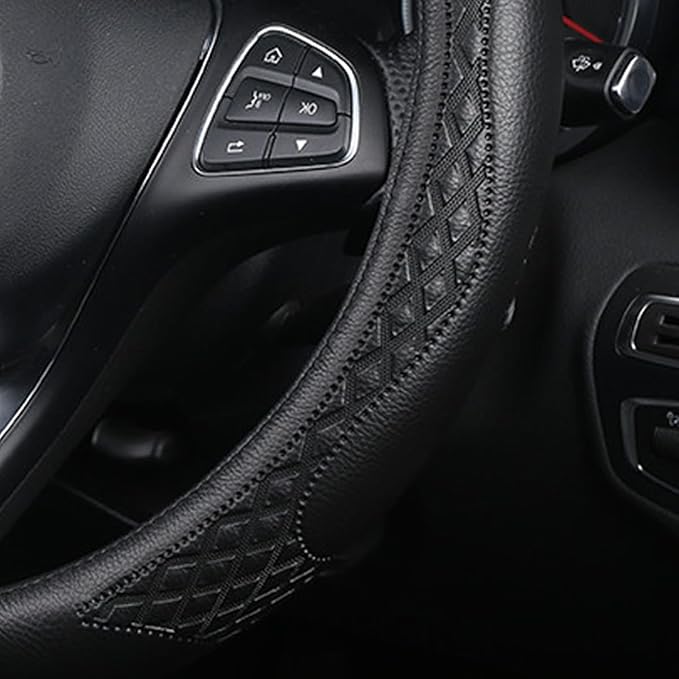AUCELI Car Steering Wheel Cover, 14 1/2-15 inch Non-Slip Soft Breathable Leather Automotive Steering Wheel Protecteor, Vehicle Accessories for Men Women, Universal for SUV, Truck, RV(Black)