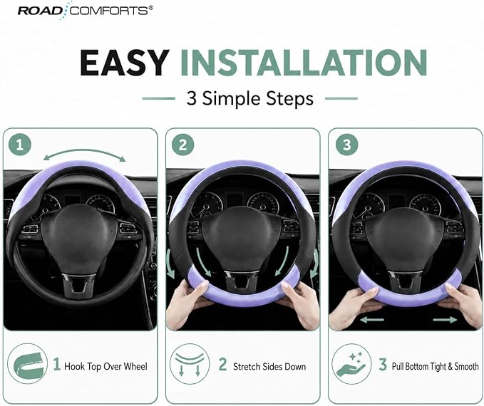 Road Comforts Steering Wheel Cover – Breathable Leather Steering Wheel Cover, Anti-Slip Grip, Universal Fit 14.5” to 15”, Heat & Cold Resistant for Cars, SUVs, and Trucks – Black & Shining Purple