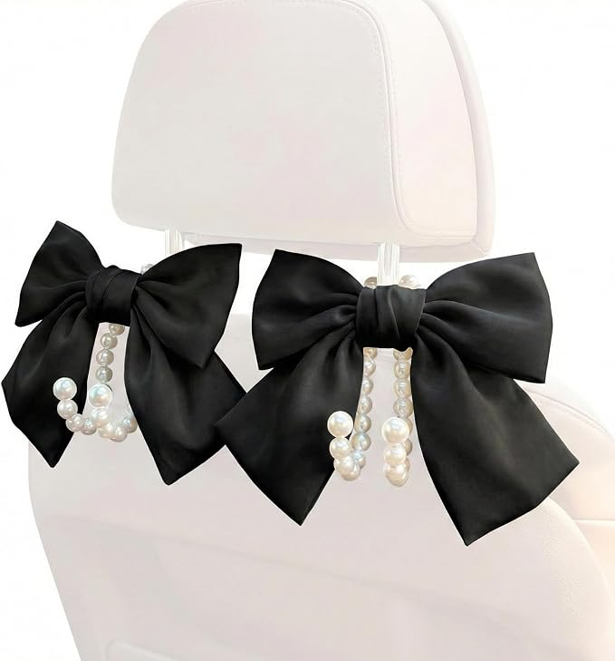 2PCS Satin Bow Pearl Car Seat Headrest Hooks β Car Bag Holder & Vehicle Hanger for Purses β Cute Coquette Aesthetic Interior Decoration β Cute Auto Organizer Accessories Universal (Black)