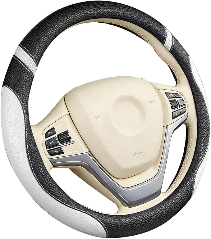 Car Steering Wheel Cover, Leather Anti-Slip Stretch Breathable Vehicle Steering Wheel Protector, Automotive Interior Protection Accessories for Men Women, Universal Fit (Black/White)