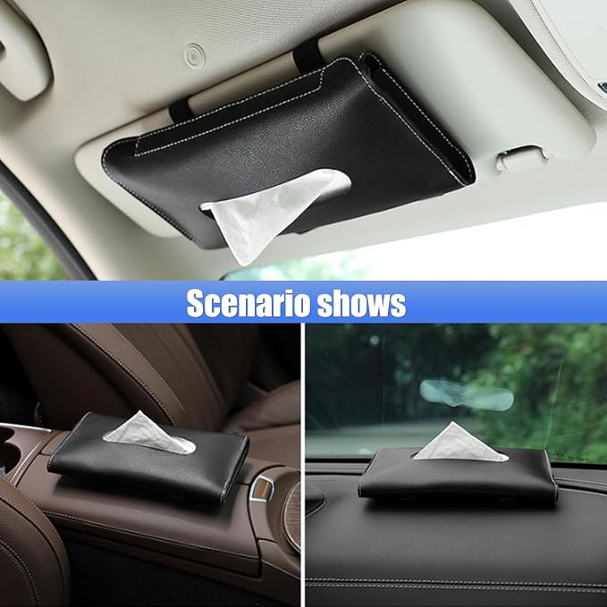 Smilfuy Car Visor Tissue Holder, Leather Mask Dispenser, Hanging Napkin Holder, Sun Visor Accessory Universal For Most Vehicles (Black), 9.17x5.31 Inch