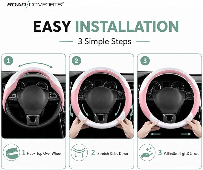 Road Comforts Steering Wheel Cover – Breathable Leather Steering Wheel Cover, Anti-Slip Grip, Universal Fit 14.5” to 15”, Heat & Cold Resistant for Cars, SUVs, and Trucks –Shining White & Pink