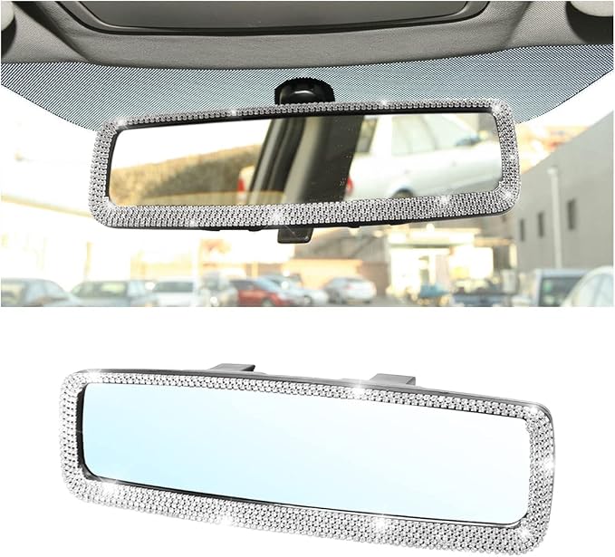 Bling Car Rear View Mirror, Rhinestones Crystal Clip-on Rearview Mirror with HD Glass, Compatible with Most Cars, SUVs, Vehicles, Auto Interior Accessories for Women Girl (White)