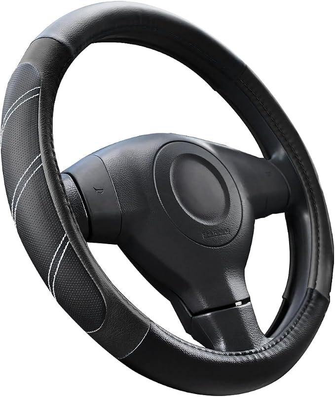 Osilly Car Steering Wheel Cover, 14.5-15" Leather Breathable Anti-Slip Stylish Steering Wheel Protector, Comfortable Auto Interior Decoration Accessories, Universal for SUV Van Truck (Black)