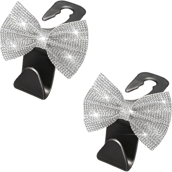 2PCS Bling Bow Headrest Hooks, Car Seat Bag Hangers, White Black | Pvc and rhinestone construction, butterfly bow decoration, rear seat storage, bag and coat hanging, car interior accessories