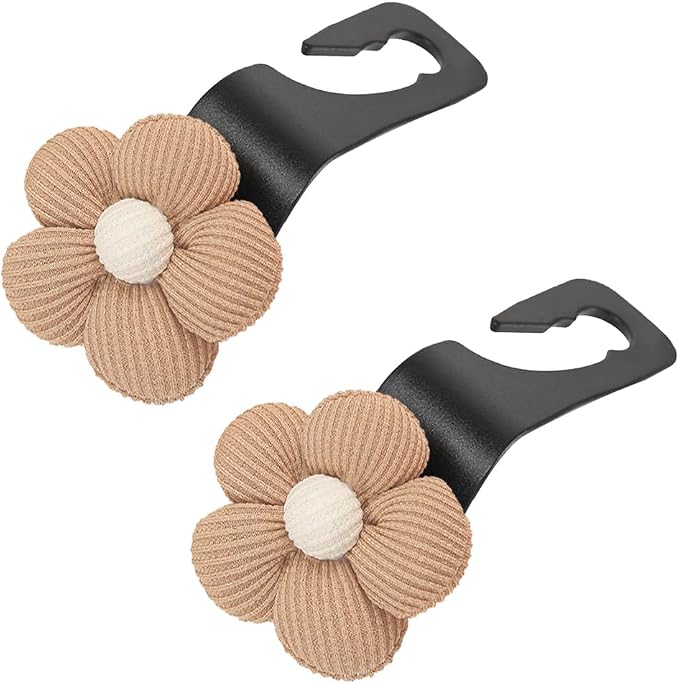 2PCS Car Seat Headrest Hook, Cute Flower Vehicle Backseat Purse Handbag Storage Hanger, Floral Auto Seat Back Holder Hook for Coat Umbrella Grocery, Universal for Vehicles (Brown)