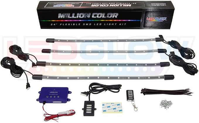 LEDGlow 4pc Million Color LED Golf Cart Underglow Kit Previous Gen Model | Accent Neon Lights Fit 12V EZGO Yamaha Club Car ICON, Multi-Color Water Resistant Flex Tubes, 18 Solid Colors, 22 Modes